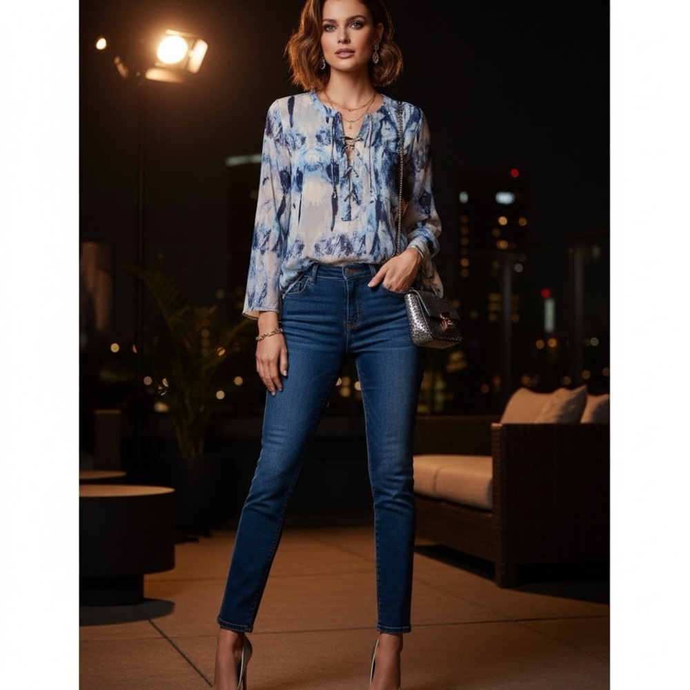 Ramy Brook 100% Silk Lace-Up Sheer Blouse Blue‎ White Ikat Print Size Large